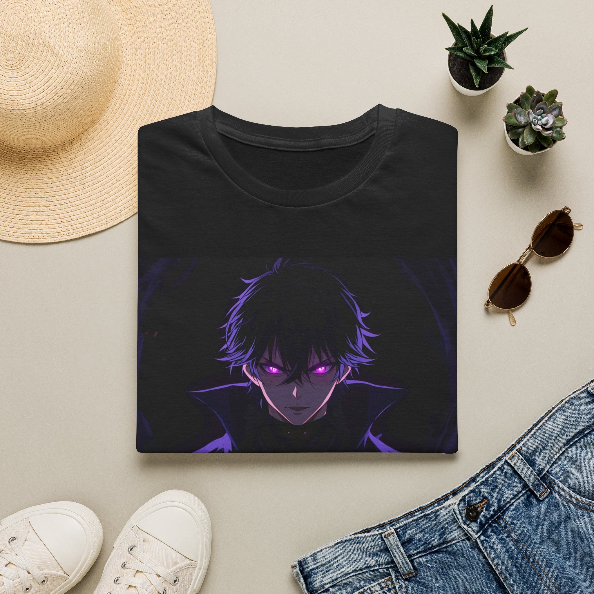 Anime Dark Boy T-Shirt — Neon Purple Eyes Graphic Tee