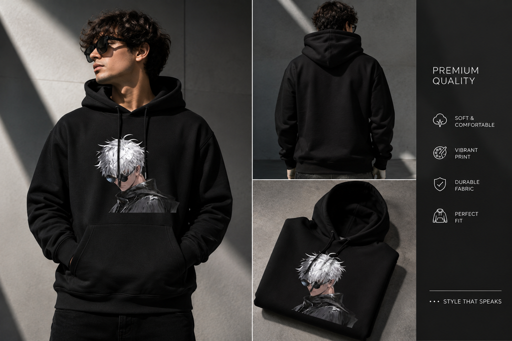 Jujutsu Kaisen-Inspired Hoodie — Gojo Satoru Portrait & “Nah, I’d Win.” Back Print
