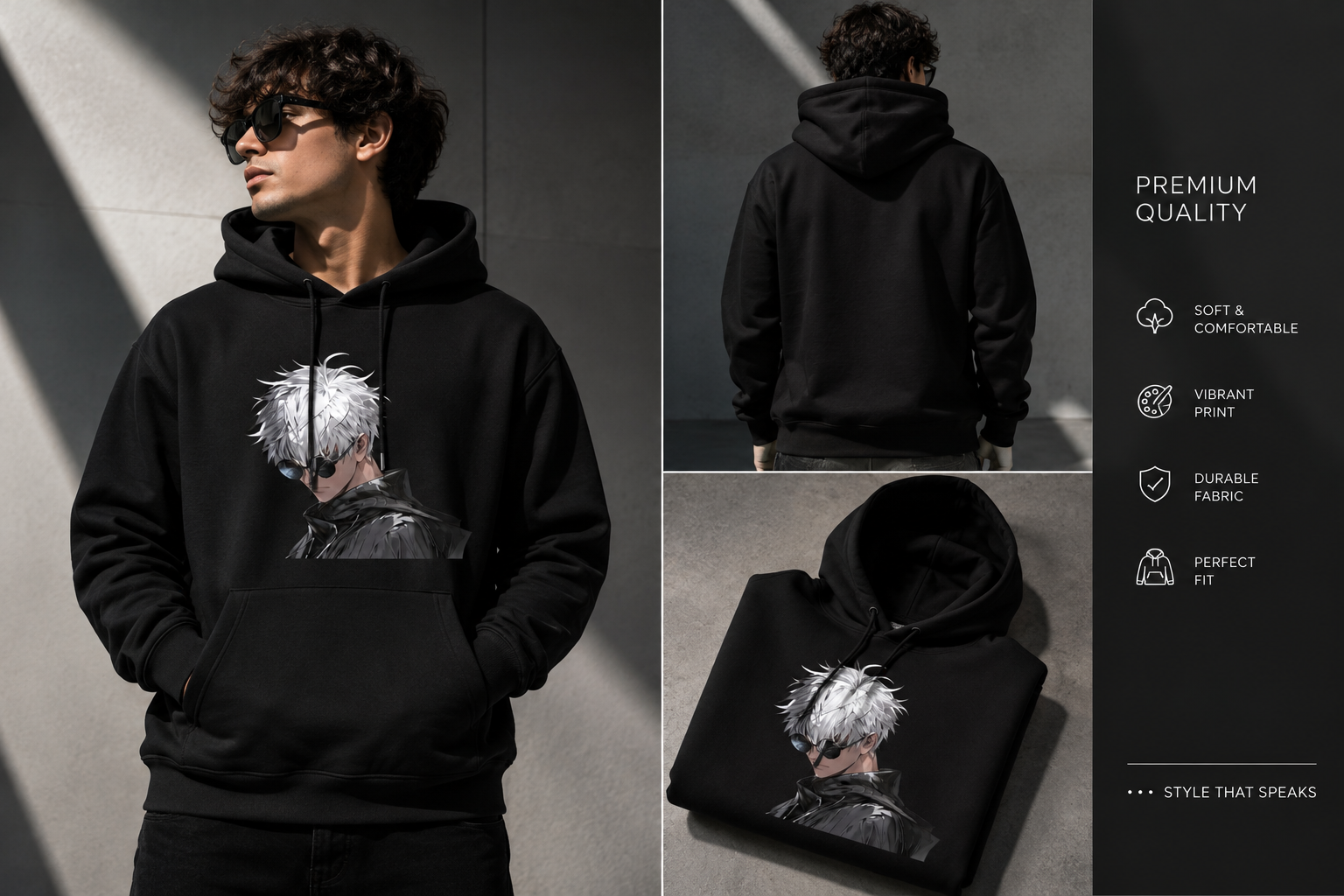 Jujutsu Kaisen-Inspired Hoodie — Gojo Satoru Portrait & “Nah, I’d Win.” Back Print