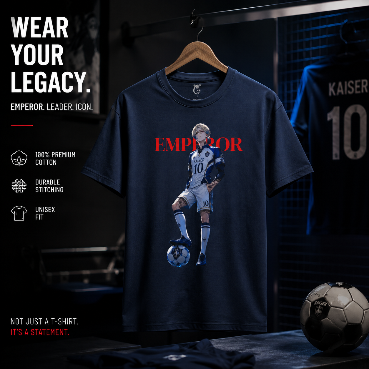 Emperor Soccer Player Graphic Tee — "EMPEROR" Bold Red Text