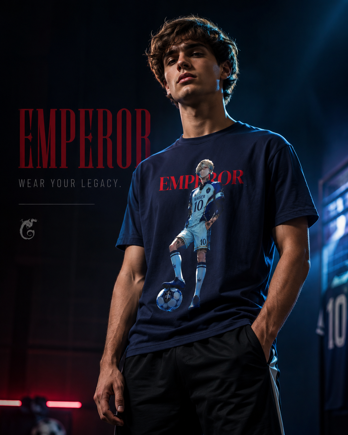 Emperor Soccer Player Graphic Tee — "EMPEROR" Bold Red Text
