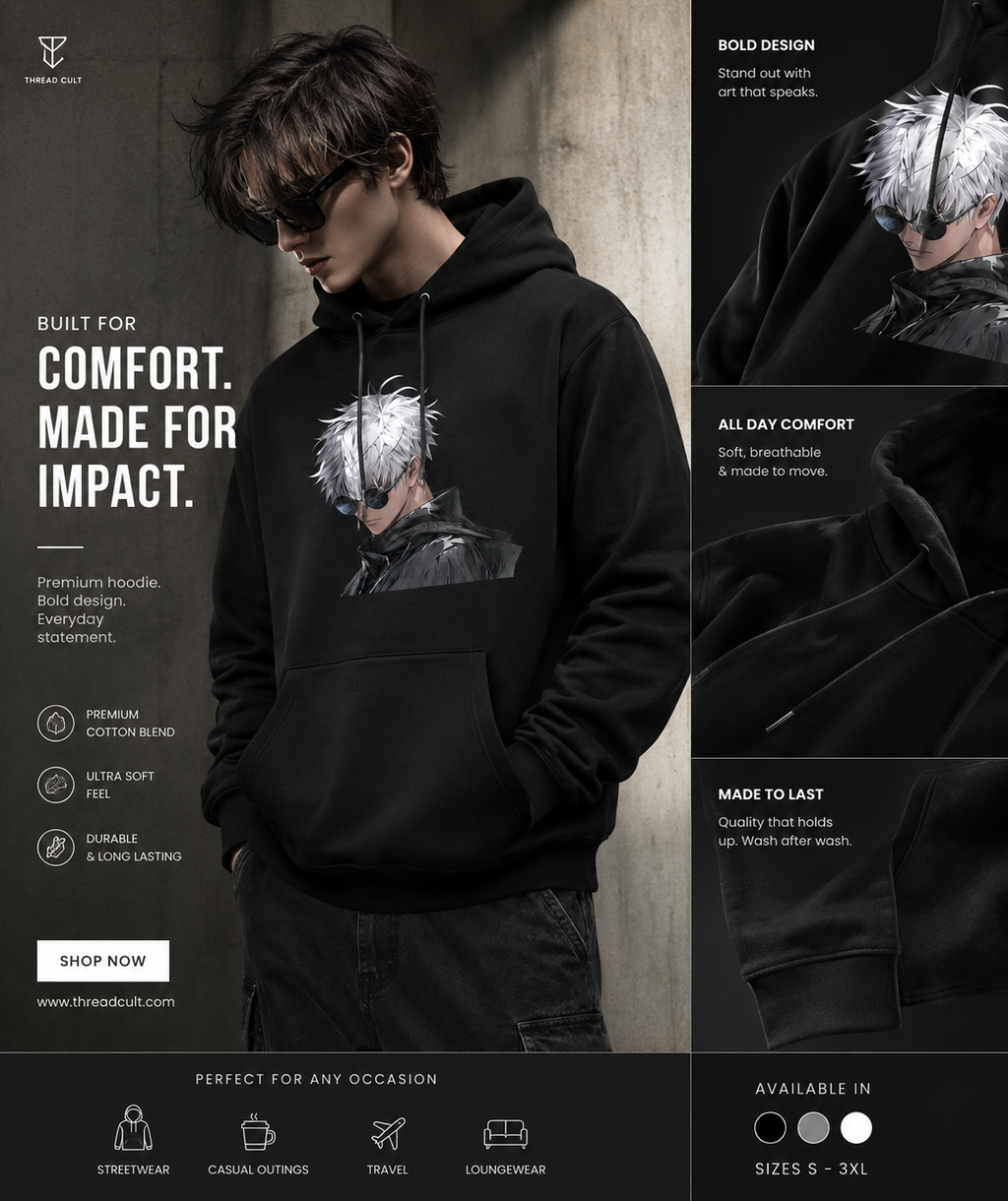 Jujutsu Kaisen-Inspired Hoodie — Gojo Satoru Portrait & “Nah, I’d Win.” Back Print