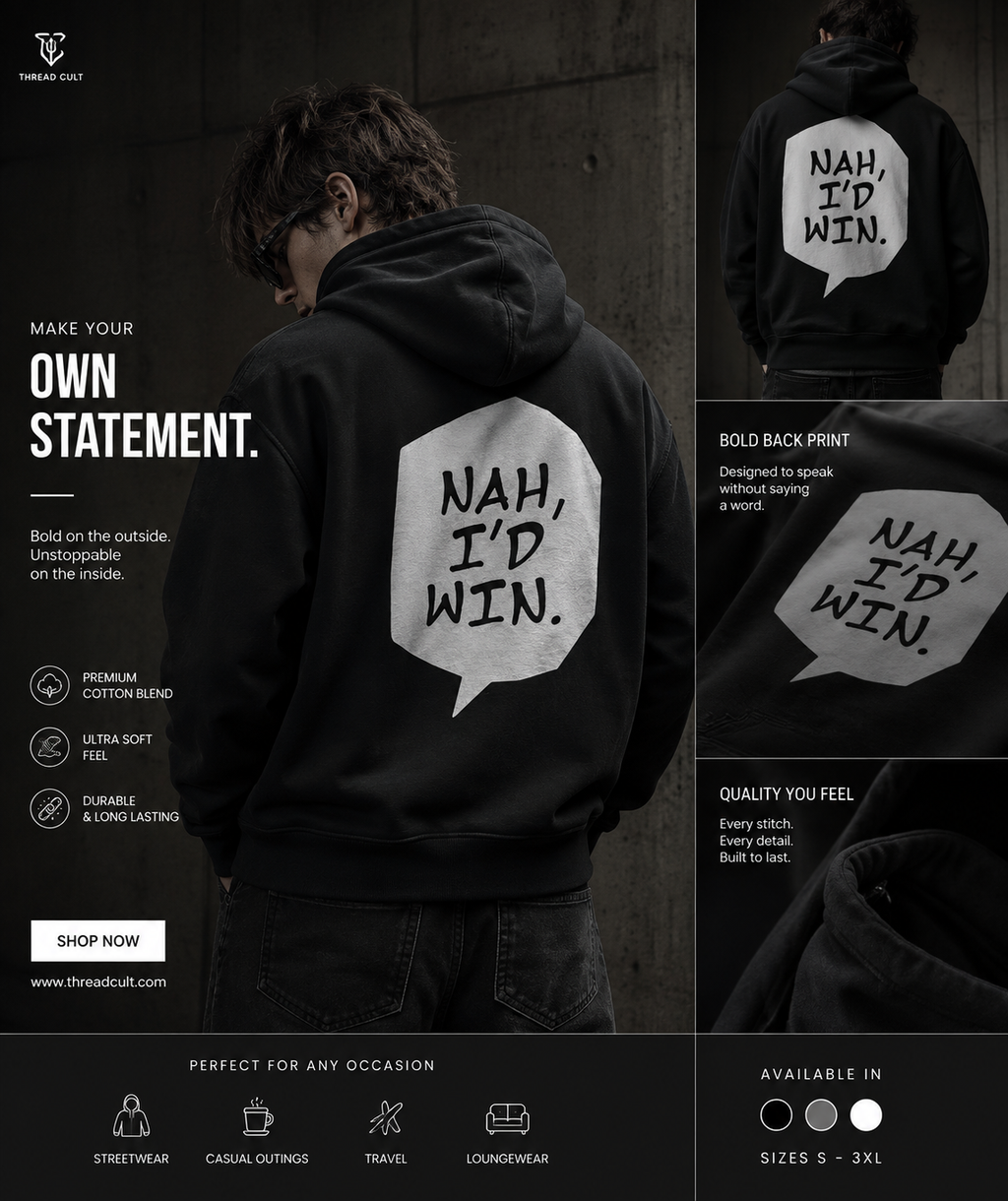 Jujutsu Kaisen-Inspired Hoodie — Gojo Satoru Portrait & “Nah, I’d Win.” Back Print