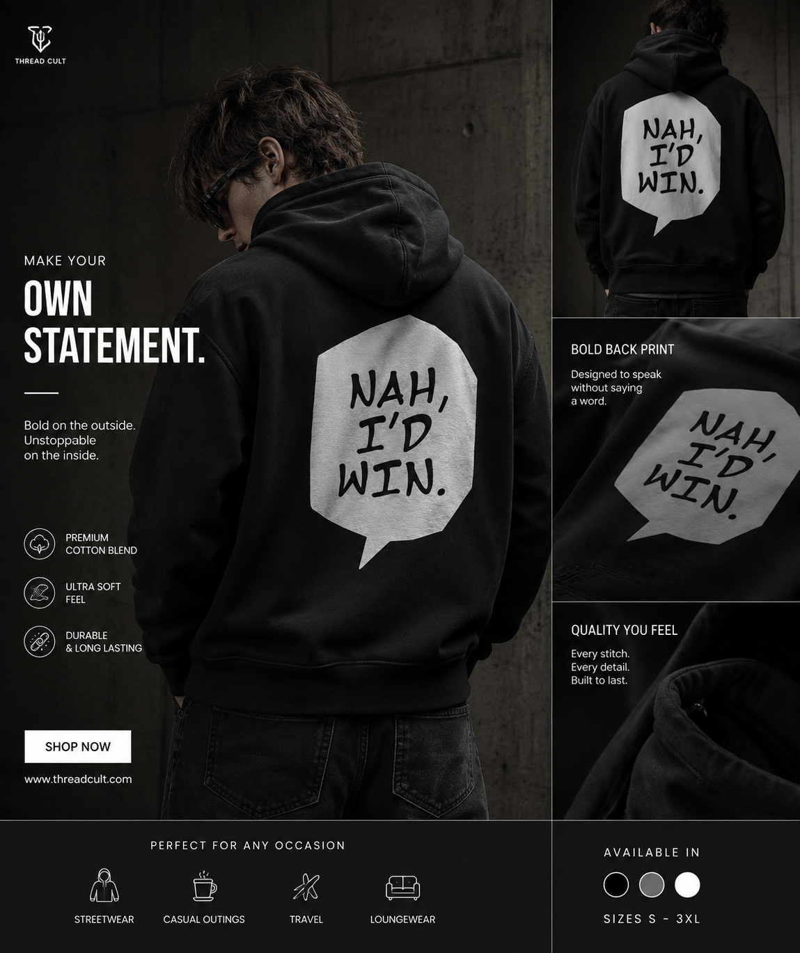Jujutsu Kaisen-Inspired Hoodie — Gojo Satoru Portrait & “Nah, I’d Win.” Back Print