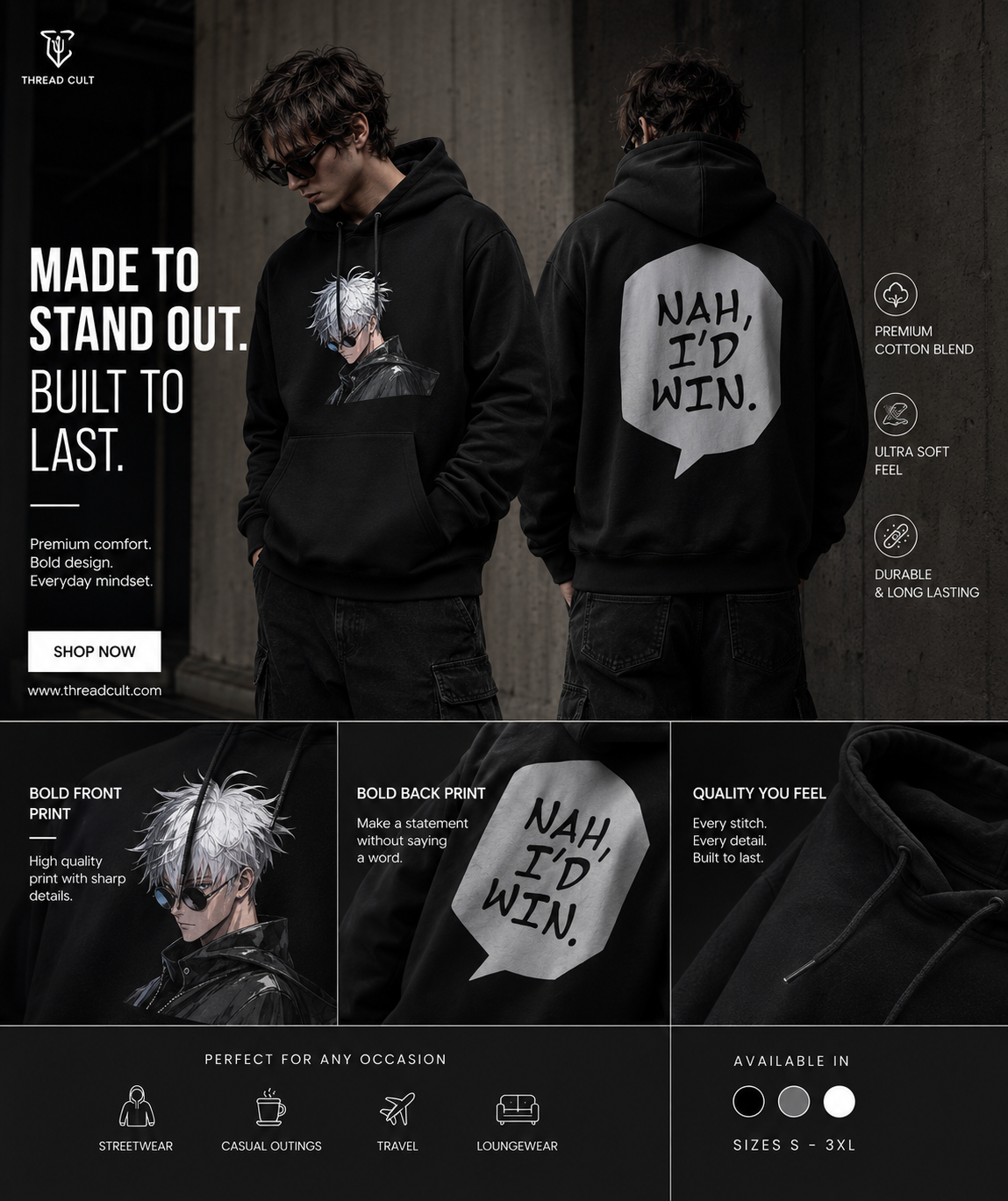 Jujutsu Kaisen-Inspired Hoodie — Gojo Satoru Portrait & “Nah, I’d Win.” Back Print