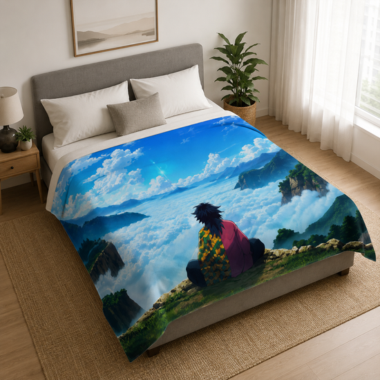 Anime Sky Comforter - Scenic Mountain View with Character Sitting Above Clouds