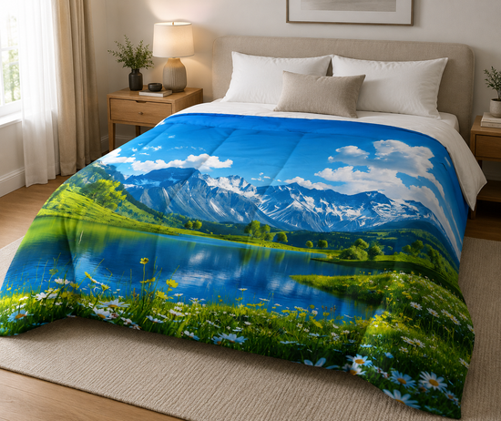 Scenic Mountain Lake Comforter — Meadow Wildflowers & Alpine View