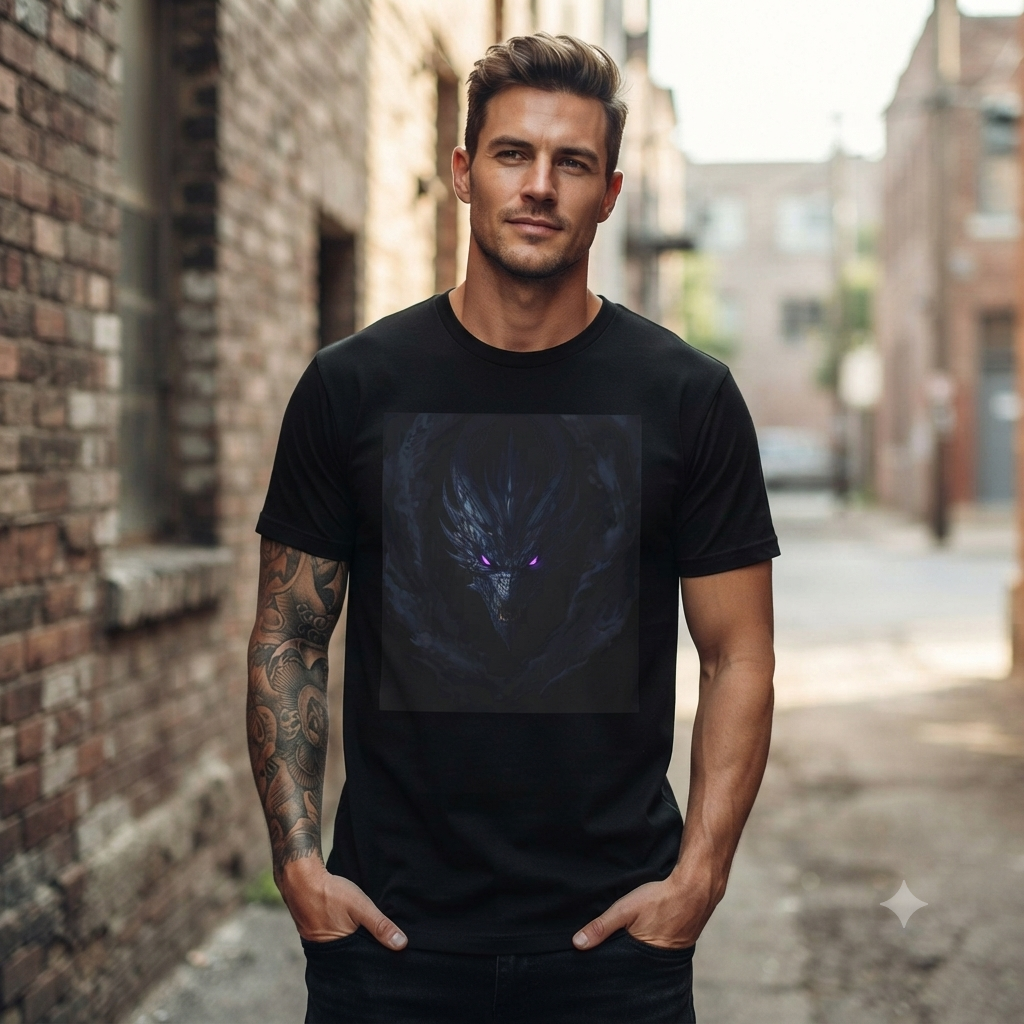 Dark Dragon Eyes T-Shirt — Gothic Fantasy Tee with Purple Glowing Gaze