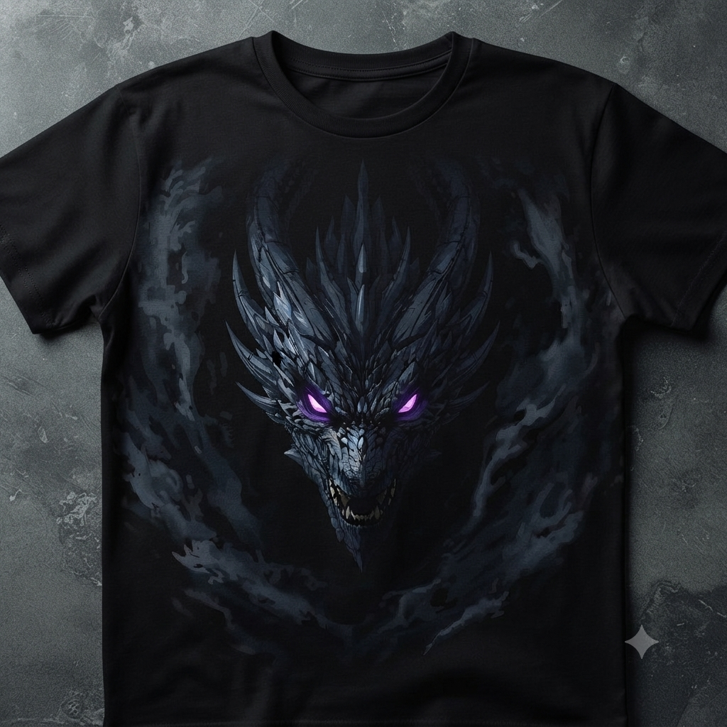 Dark Dragon Eyes T-Shirt — Gothic Fantasy Tee with Purple Glowing Gaze