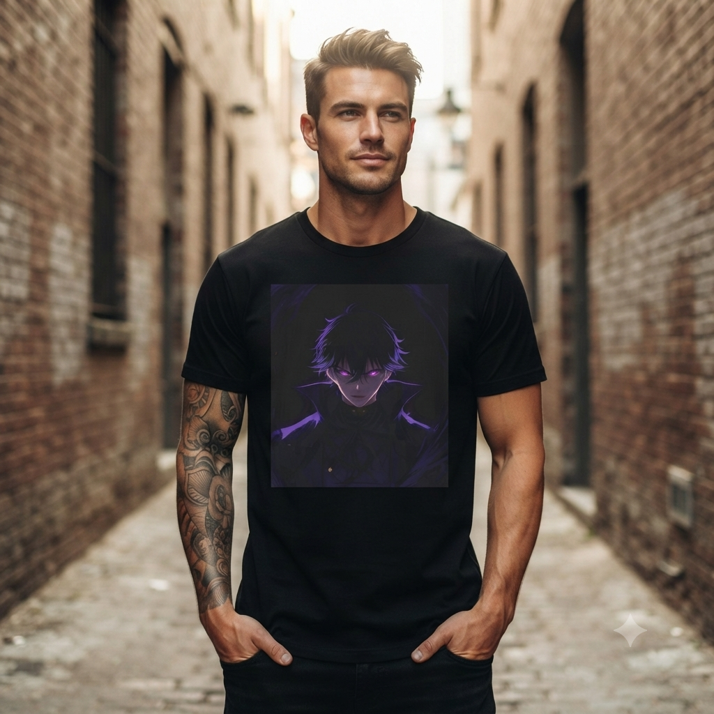 Anime Dark Boy T-Shirt — Neon Purple Eyes Graphic Tee