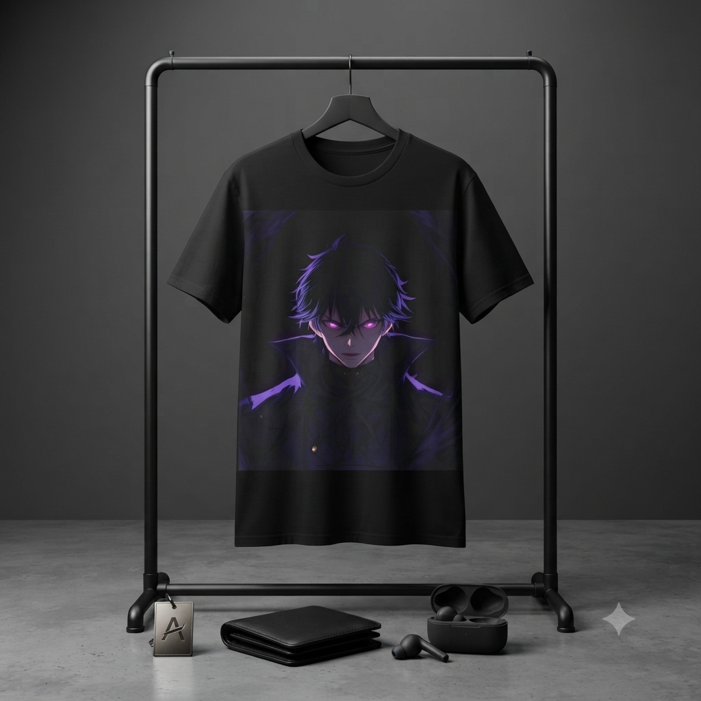 Anime Dark Boy T-Shirt — Neon Purple Eyes Graphic Tee