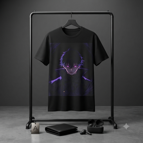Anime Dark Boy T-Shirt — Neon Purple Eyes Graphic Tee